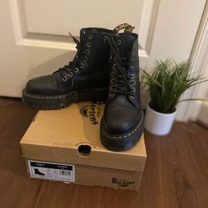 Dr. Martens Black Leather Lace-Up Platform Boots with Yellow Stitching